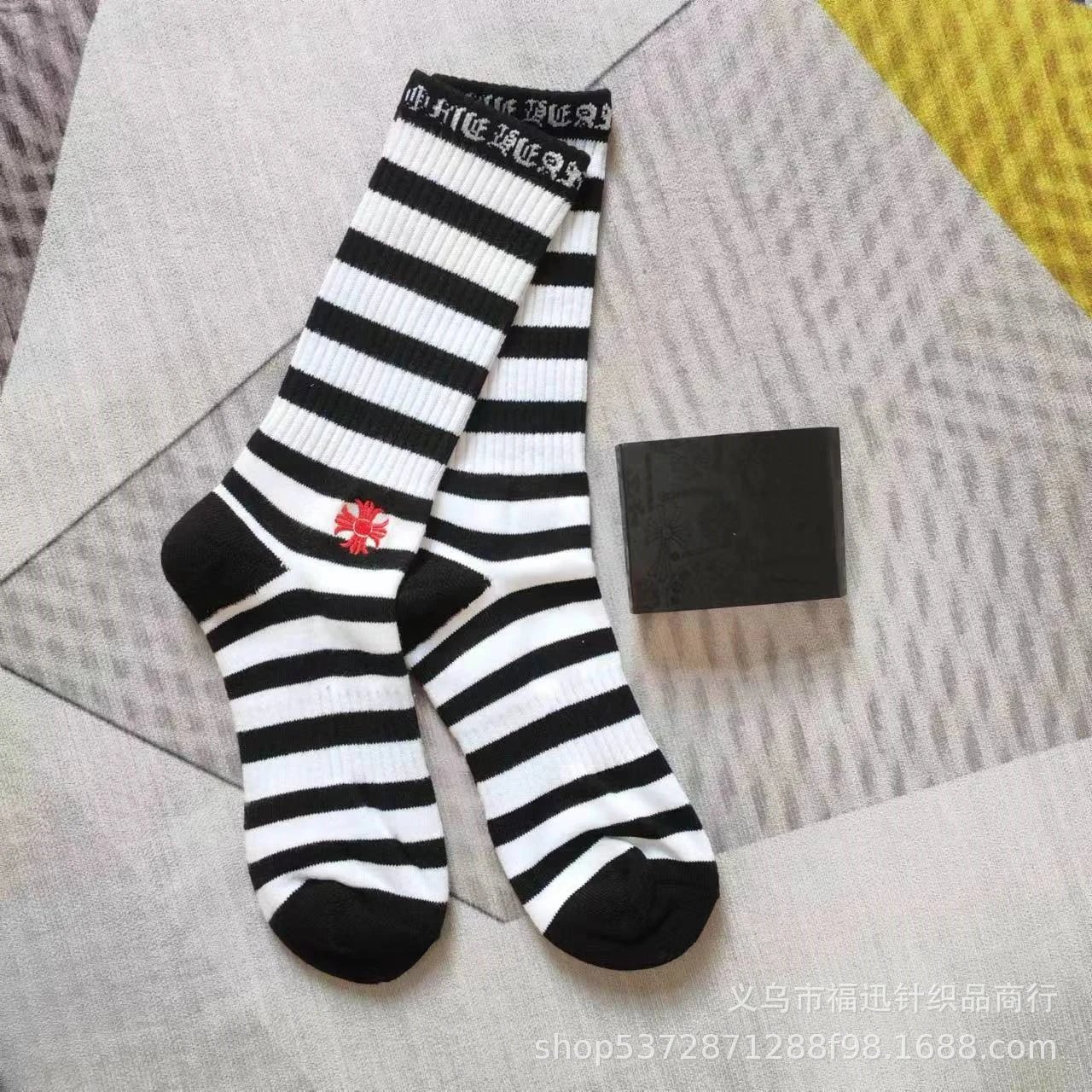 Chrome Hearts Socks Ribbed crew with logo lettering and contrast toe heel — Black and white striped embroidery logo