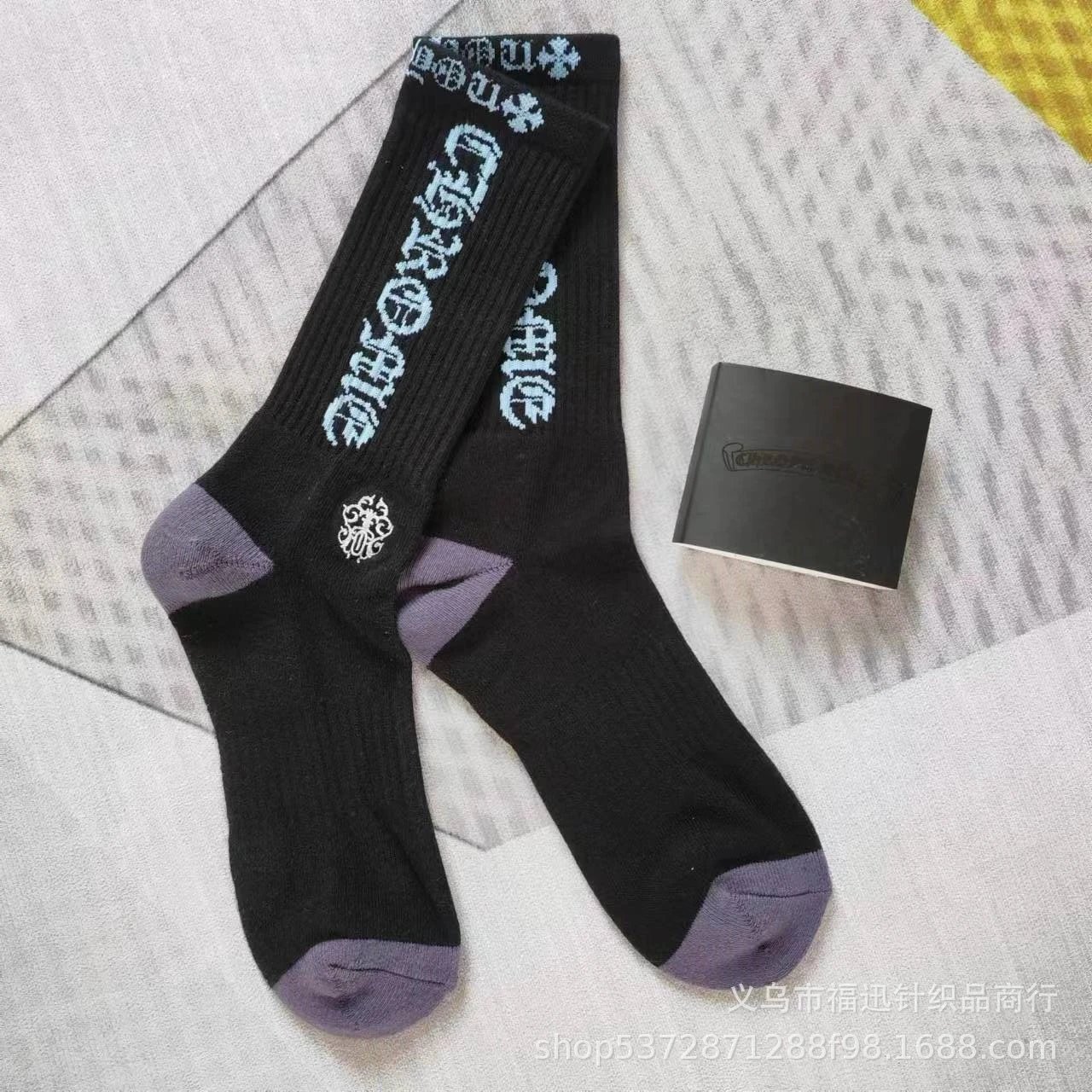 Chrome Hearts Socks Ribbed crew with logo lettering and contrast toe heel — Black background blue letters embroidery logo