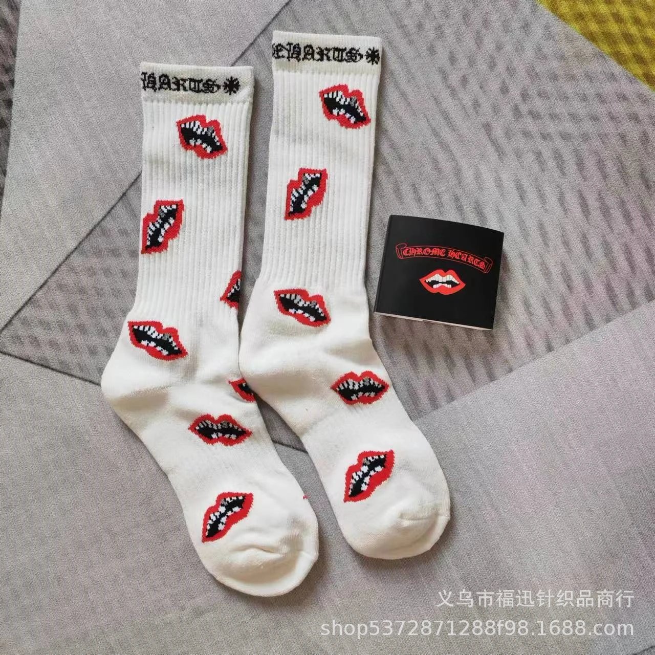 Chrome Hearts Socks Ribbed crew with logo lettering and contrast toe heel — White Red Lips Black Letters
