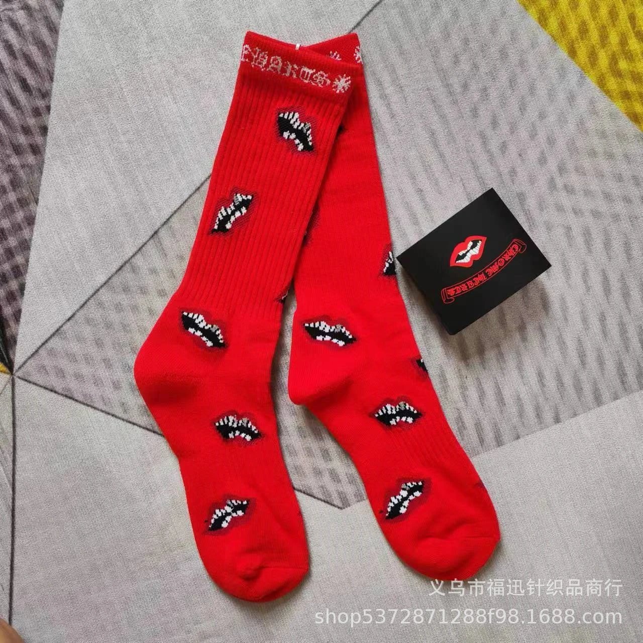 Chrome Hearts Socks Ribbed crew with logo lettering and contrast toe heel — Red Red Lips White Letters