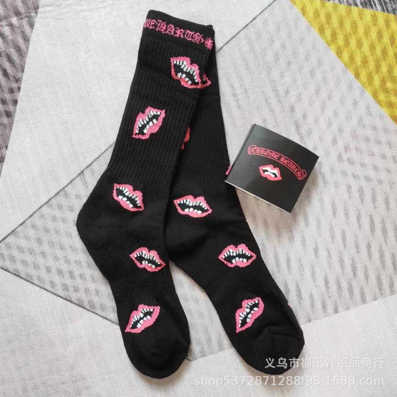 Chrome Hearts Socks Ribbed crew with logo lettering and contrast toe heel — Black Pink Lip Letter