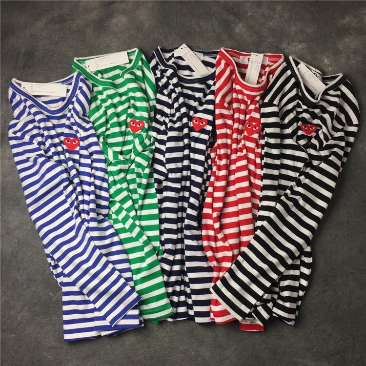 Five-Color Striped Small Red Heart Embroidered Cotton Long-Sleeve Fall Round Neck Pure Cotton Striped Long-Sleeve Red Heart
