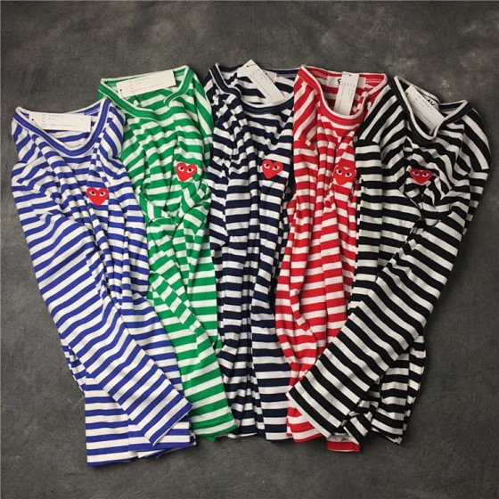 Five-Color Striped Small Red Heart Embroidered Cotton Long-Sleeve Fall Round Neck Pure Cotton Striped Long-Sleeve Red Heart