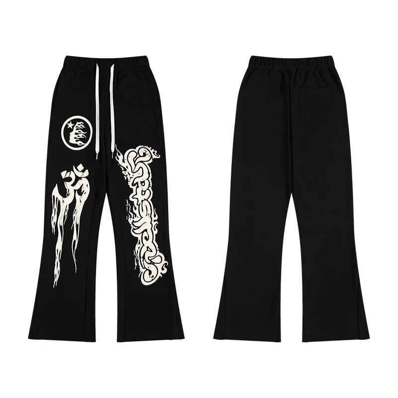 RIPSTAR Flame Totem Flared Sweatpants with Slits - rep spodnie