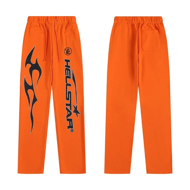 Hellstar Straight-Leg Casual Sweatpants — Orange Base with Black Flames