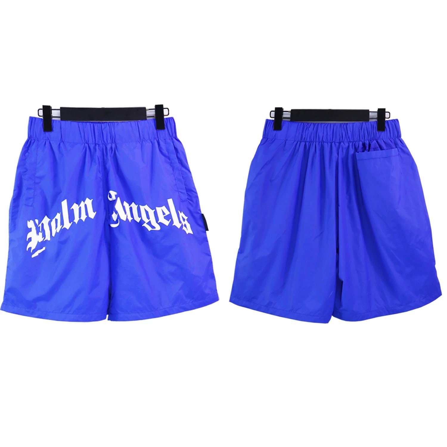 Palm Angels Blue Nylon Shorts with Gothic Logo Print