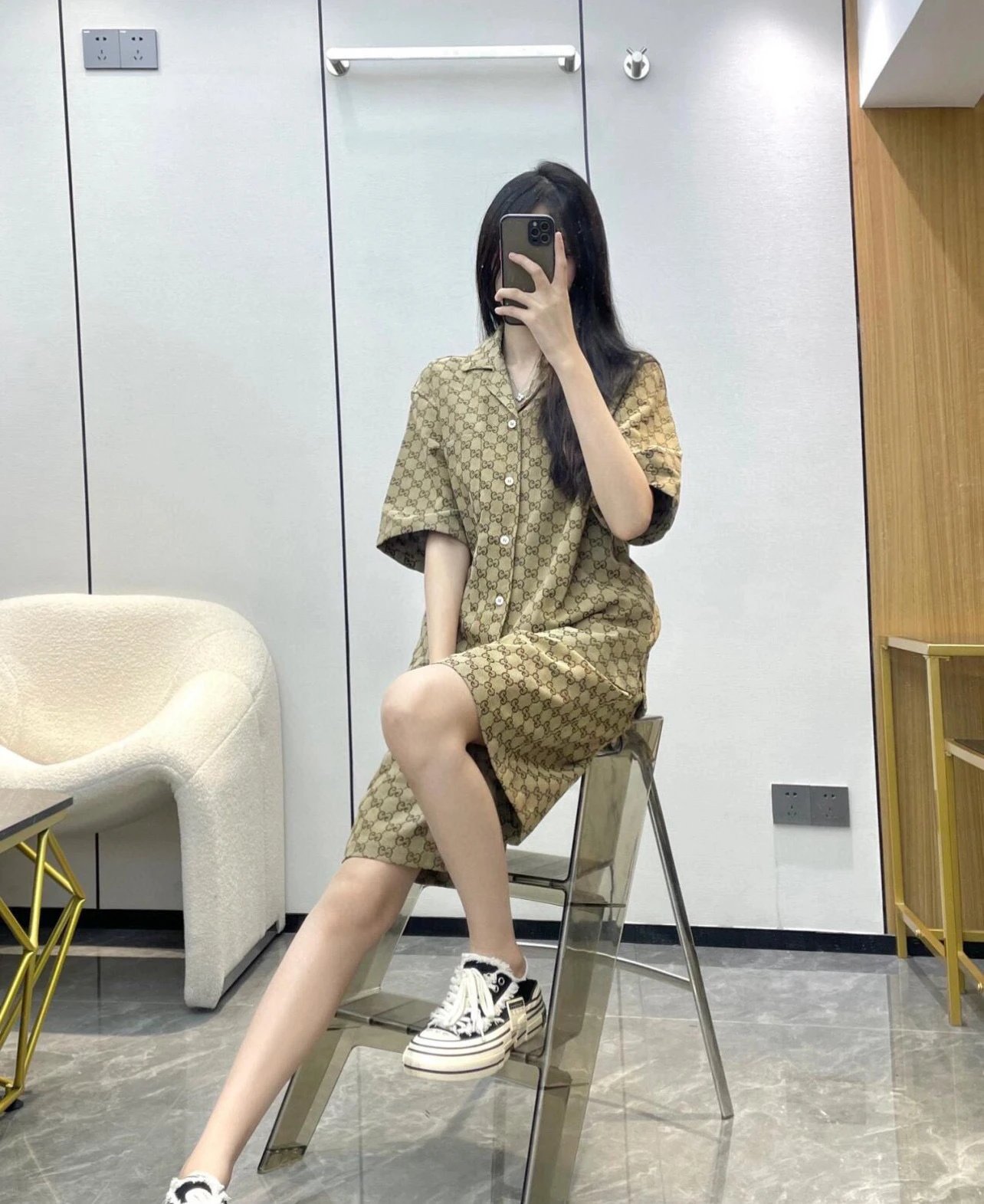 Gucci GG Marmont Short-Sleeve Shirt Beige Print Shirt - 4