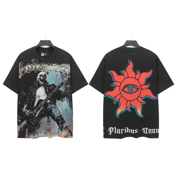 Design Skull Guitarist & All-Seeing Sun Graphic Oversized T-Shirt Black - 1