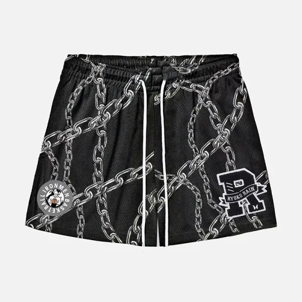 Design Chain Print Mesh Basketball Shorts Black - 1