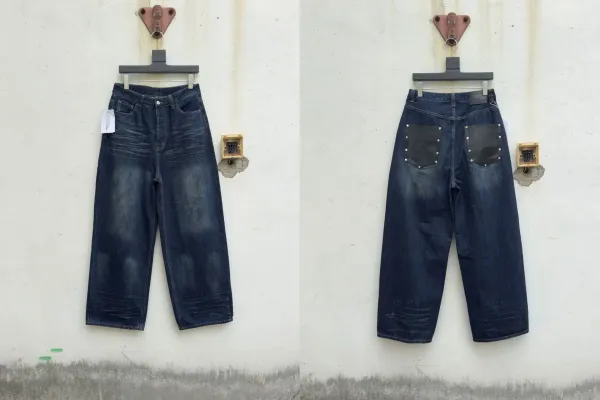 Design Wide-Leg Denim Jeans with Leather Patch Pockets Navy Blue Jeans - 1