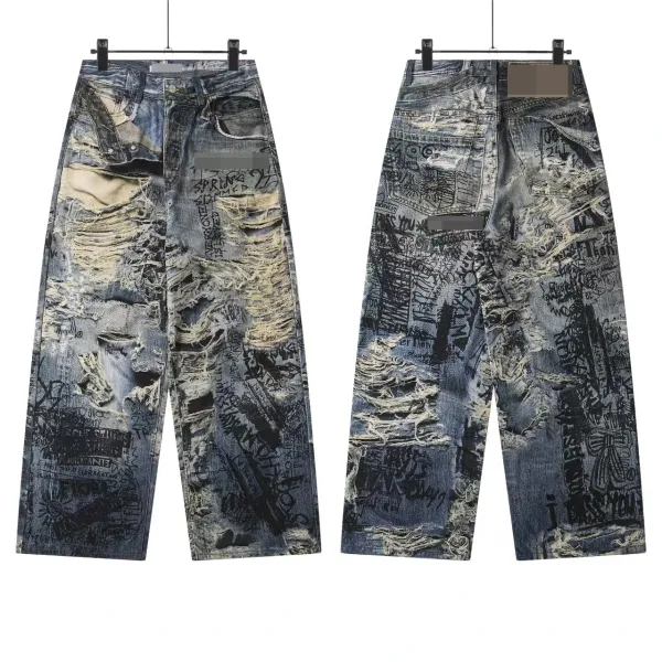 Design Distressed Graffiti Print Wide-Leg Jeans - 1