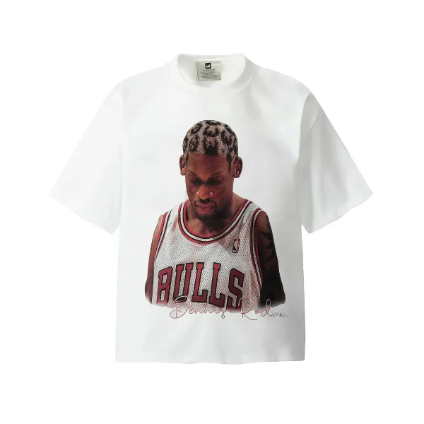 Chicago Bulls Dennis Rodman Portrait White T-Shirt - 1