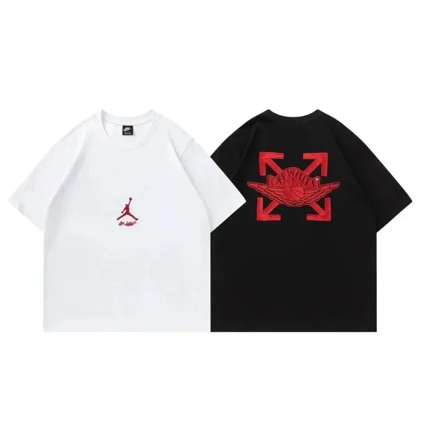 Off-White x Air Jordan Collaboration T-Shirt Set - White and Black with Red Embroidery - 1