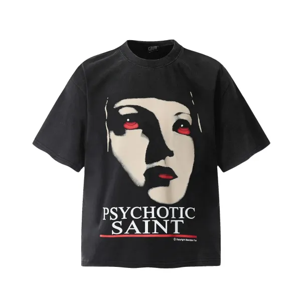 Design Psychotic Saint Graphic Print Black Oversized T-Shirt T-Shirts - 1