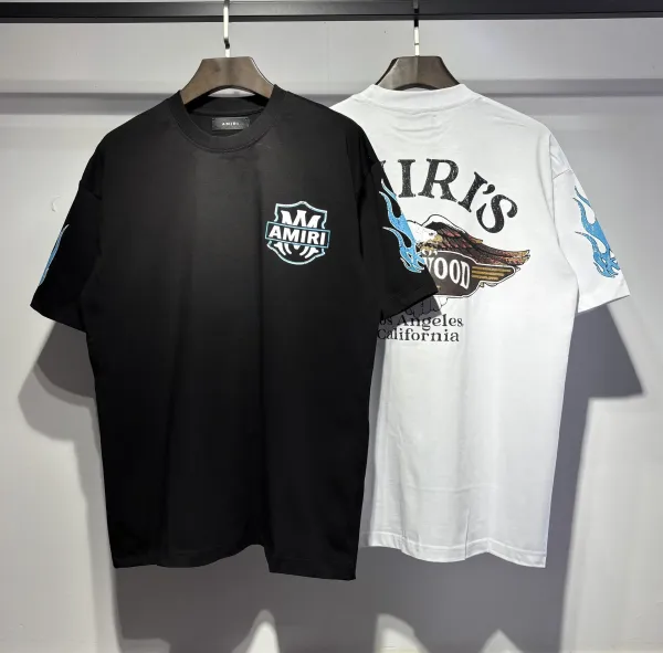 Amiri Shield Logo White T-Shirt with Blue Flame Sleeves - 3