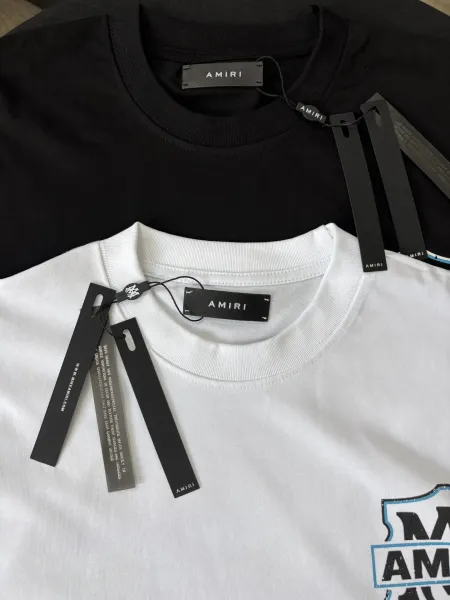 Amiri Shield Logo White T-Shirt with Blue Flame Sleeves - 10