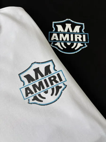 Amiri Shield Logo White T-Shirt with Blue Flame Sleeves - 8
