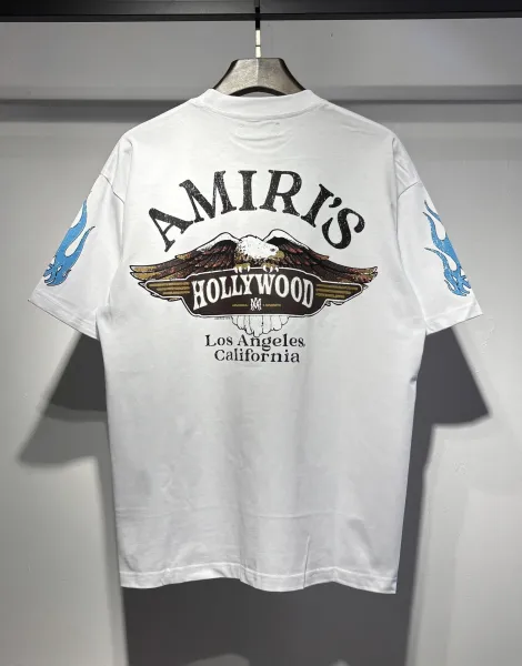 Amiri Shield Logo White T-Shirt with Blue Flame Sleeves - 6
