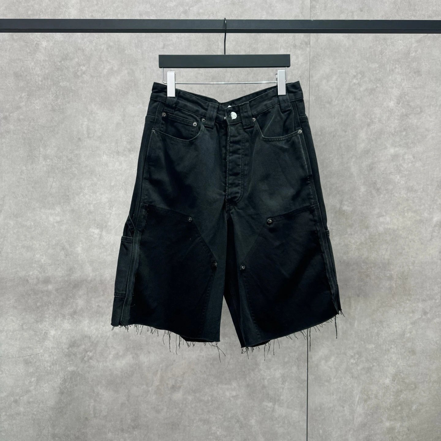 Black Denim Patchwork Cargo Shorts