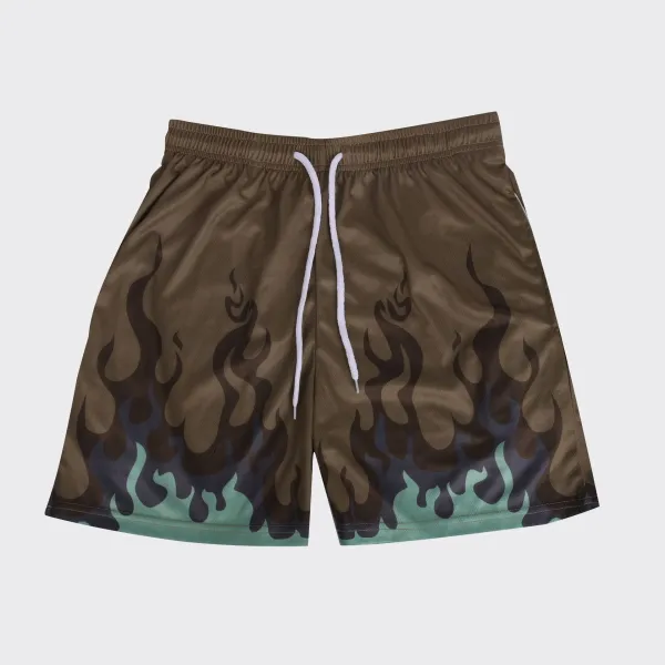 Design Flame Print Mesh Shorts Brown Multicolor - 1
