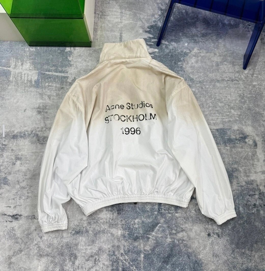 Acne Studios Jackets Stockholm 1996 logo-embroidered jacket — Distressed white zip-up jacket