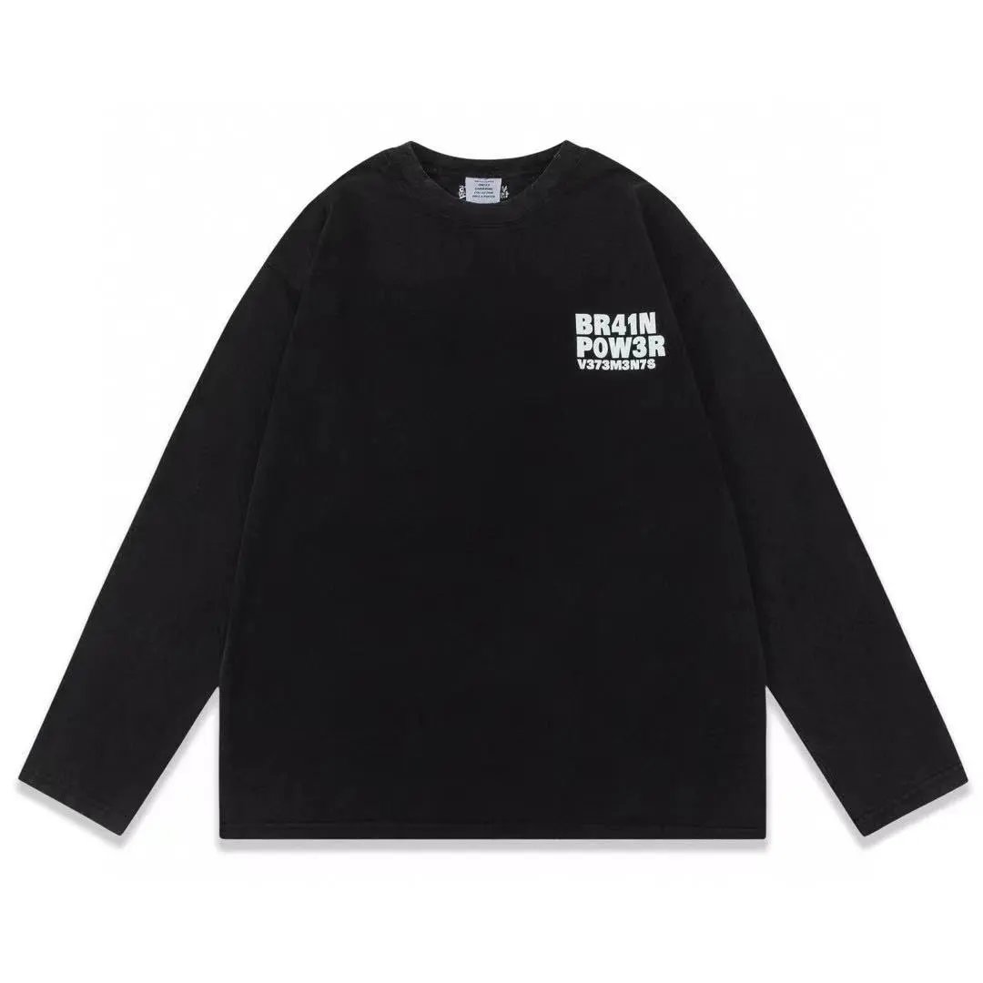 Washed distressed loose casual crew neck long-sleeved T-shirt