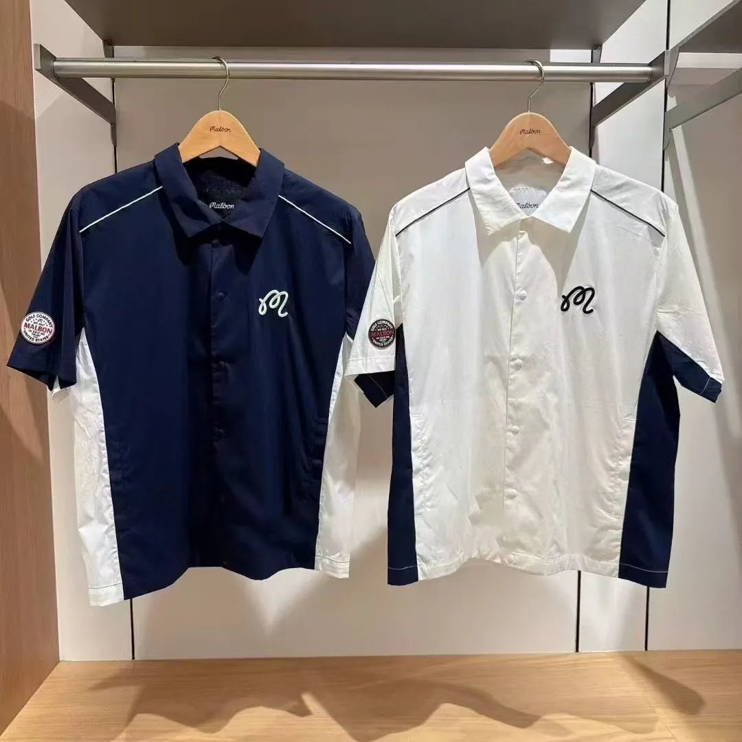 Malbon Golf Short-Sleeve Button-Up Shirt White/Navy - 4