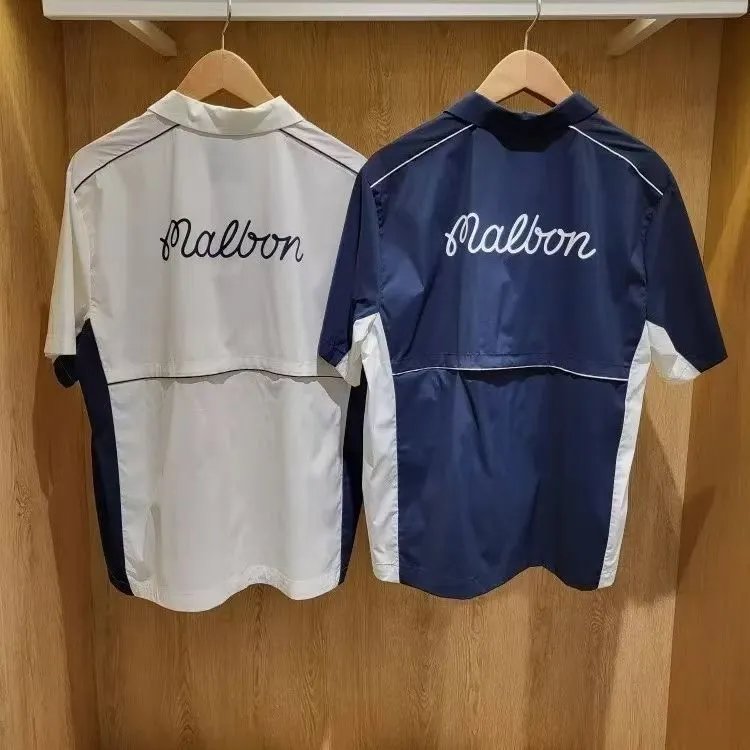 Malbon Golf Short-Sleeve Button-Up Shirt White/Navy - 5