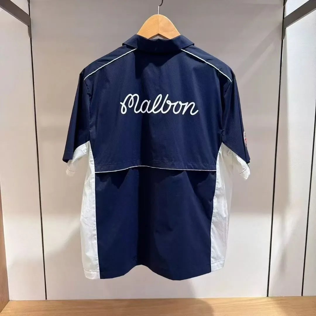 Malbon Golf Short-Sleeve Button-Up Shirt White/Navy - 10