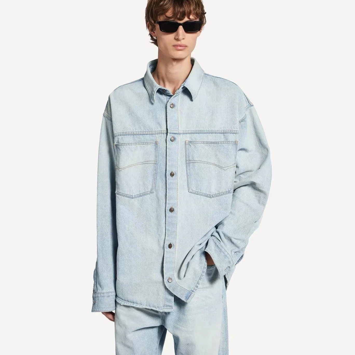 Vintage-Wash Denim Shirt-Jacket and Mid-Rise Trousers
