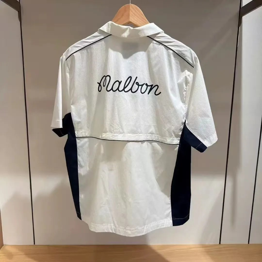 Malbon Golf Short-Sleeve Button-Up Shirt White/Navy - 7
