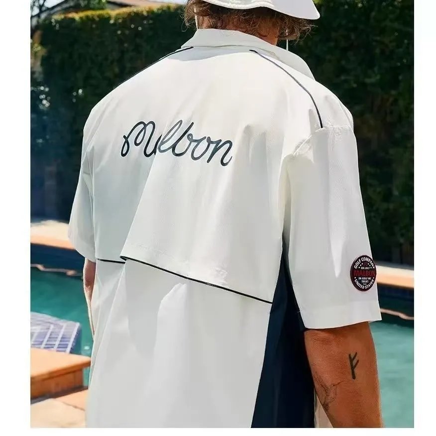 Malbon Golf Short-Sleeve Button-Up Shirt White/Navy - 8