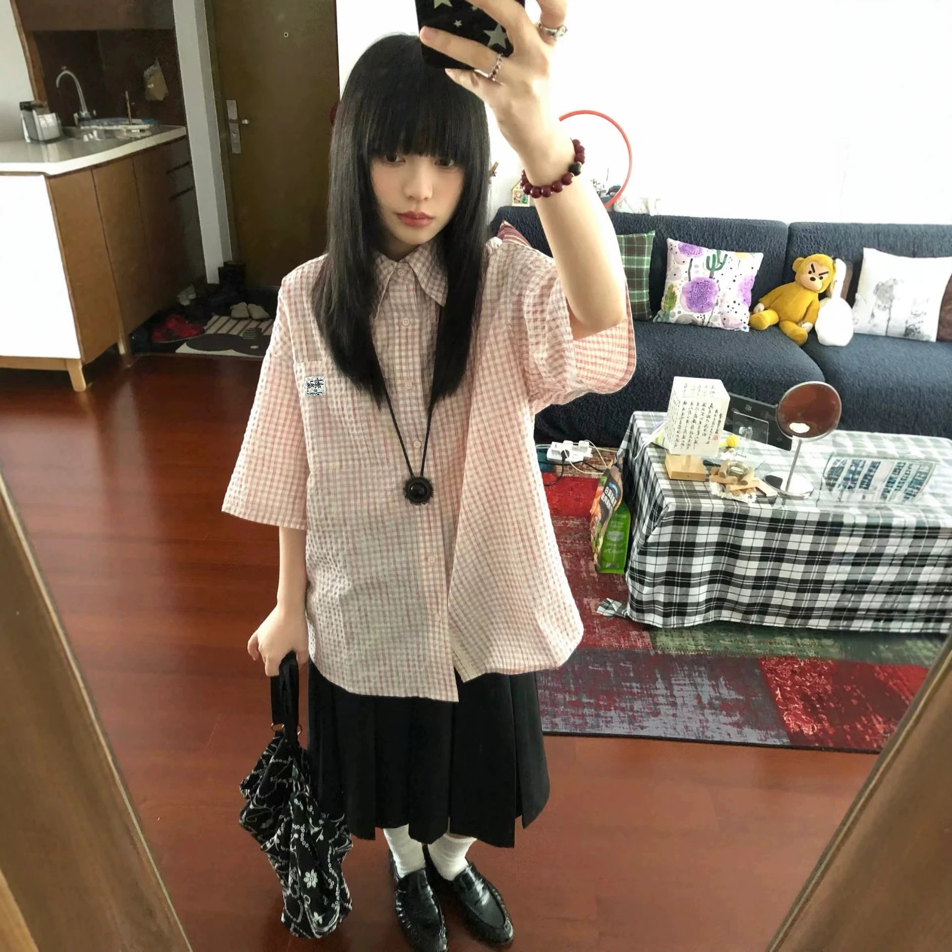 Retro Lace-Trimmed Seersucker Plaid Shirt