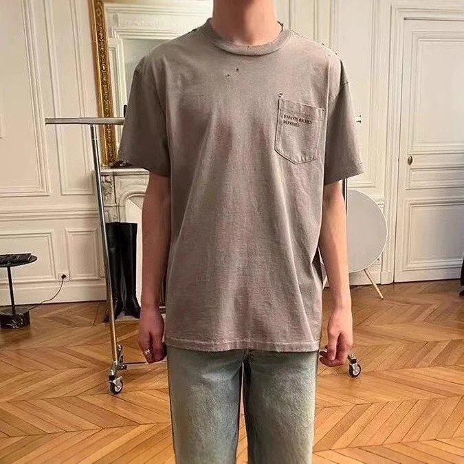 Distressed, washed print hip-hop retro loose crew neck T-shirt