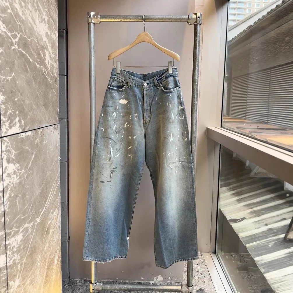 Washed Distressed Wide-Leg Jeans