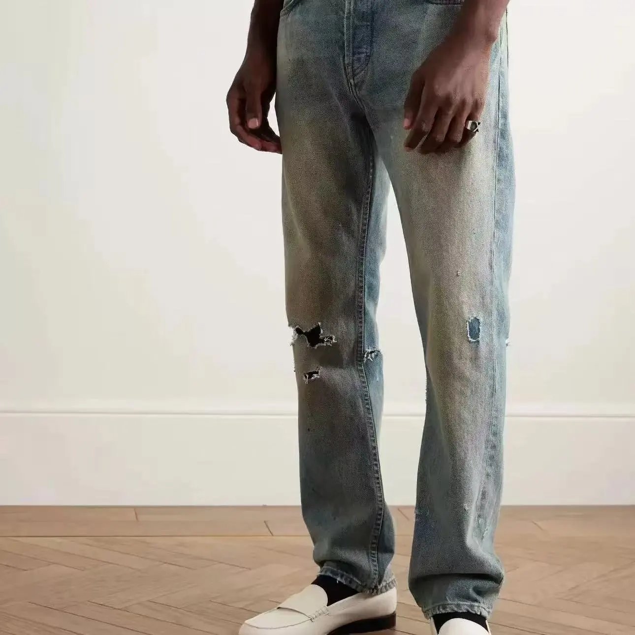 Mud-Dyed Distressed Straight-Leg Jeans