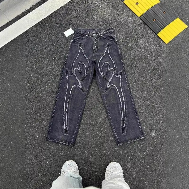Patterned Embroidered Mid-Rise Loose Jeans