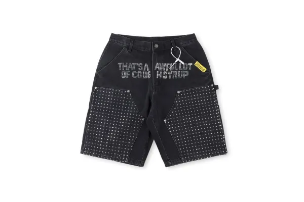 Denim Tears x Virgil Abloh 'That's A Awful Lot Of Cough Syrup' Studded Denim Shorts Black - 1