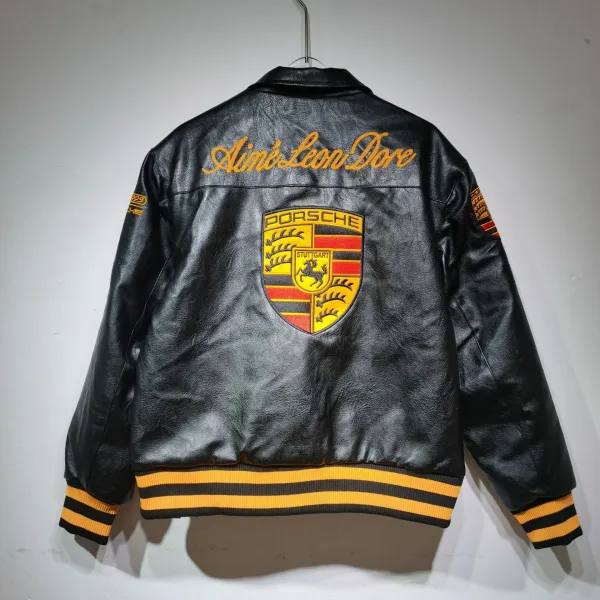 Aimé Leon Dore x Porsche Leather Bomber Jacket Black with Yellow and Red Accents - 1