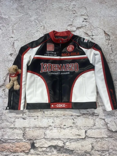 Design 13DEMARZO x Coca-Cola Racing Leather Jacket Black White Red Leather Jacket - 1