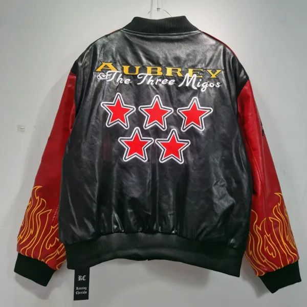 Design Running Cheetahs x Aubrey & The Three Migos Leather Bomber Jacket Black Red Flame Outerwear.leather Jacket - 1
