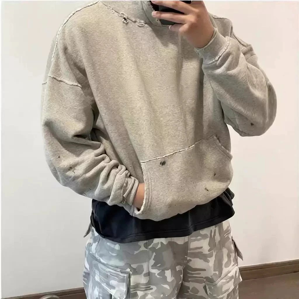 Washed and distressed American style hooded sweatshirt