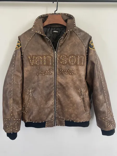 Alexander McQueen x Van Son Lost Here Studded Brown Leather Bomber Jacket - 1