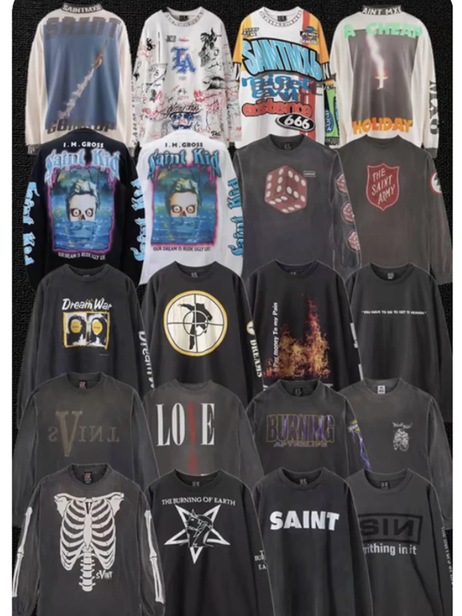 Saint Michael Distressed Gray Graphic Long Sleeve T-Shirt