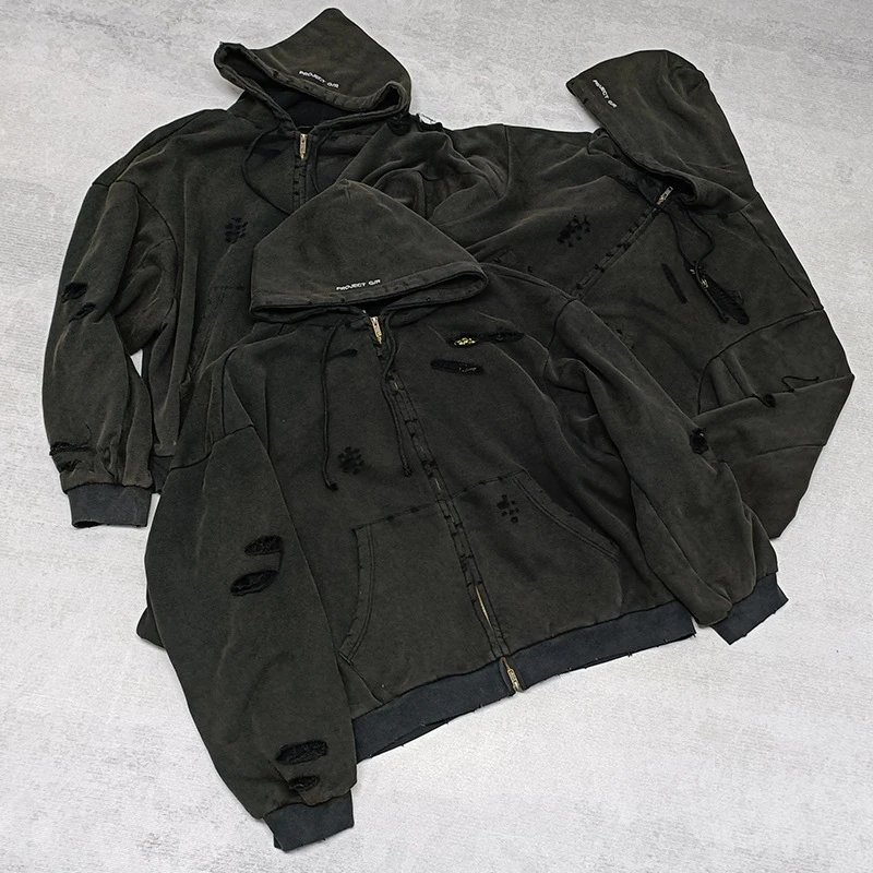 Black distressed, ripped, double-layered zip-up sweatshirt