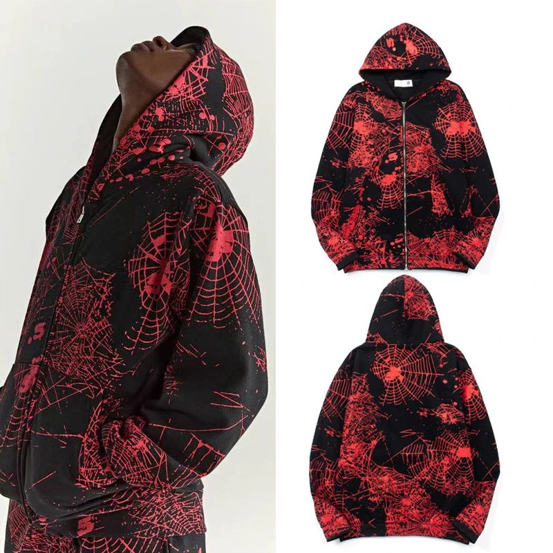 Retro Spider Web Print Open-Chest Zip-Up Hoodie