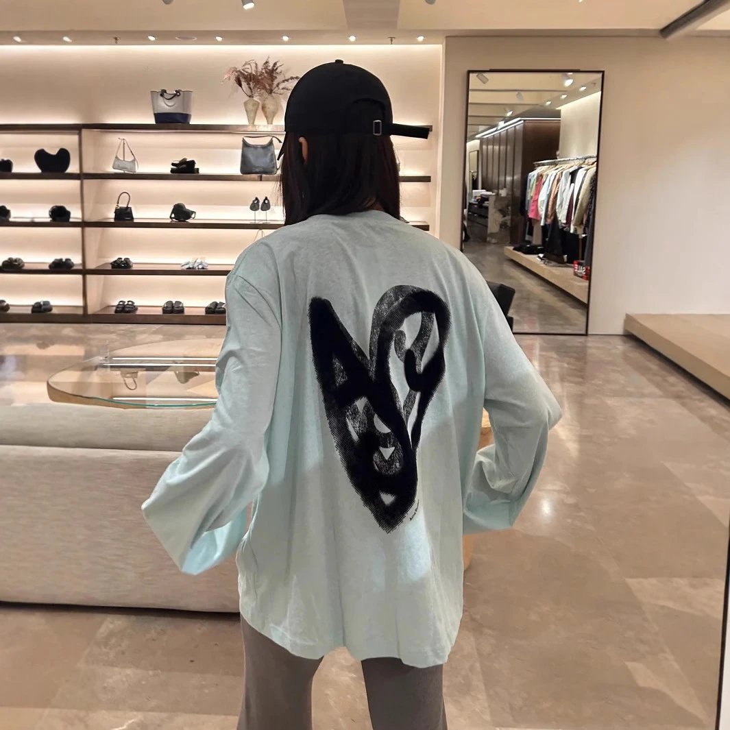 Letter-Print Round Neck Loose Long-Sleeved Cotton Linen T-Shirt