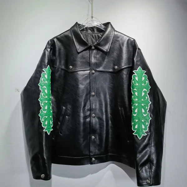 Chrome Hearts Leather Jacket with Green Embroidered Cross Motif Black - 1