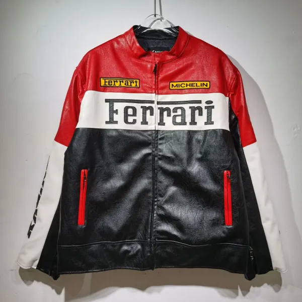 Ferrari Racing Leather Jacket Red White Black - 1