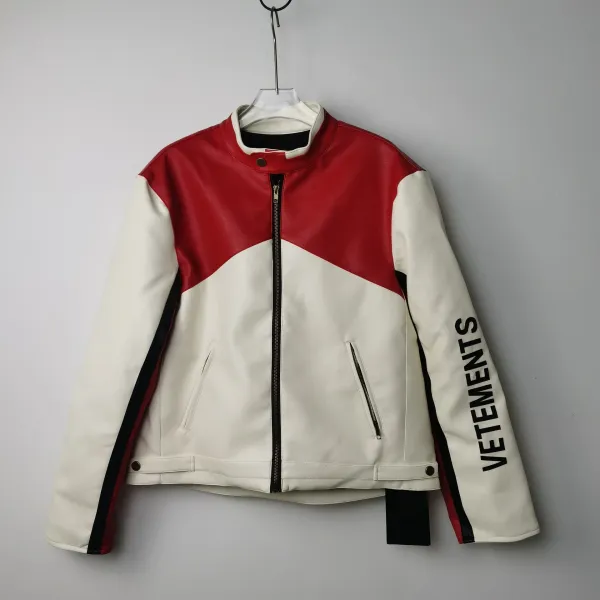 Vetements Color-Block Leather Biker Jacket Red and Cream - 1
